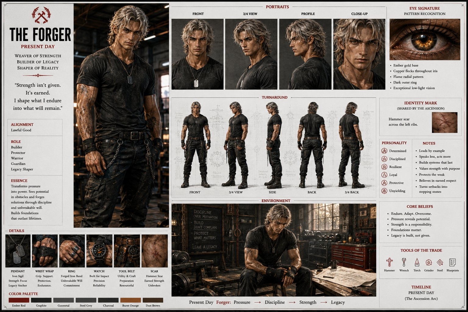 Dragon Legacy Forger canonical visual character reference sheet